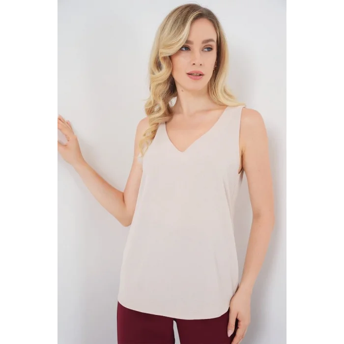 V Yaka Sıfır Kol Bluz 950 - Krem