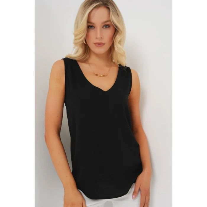 V Yaka Sıfır Kol Bluz 950 - Siyah