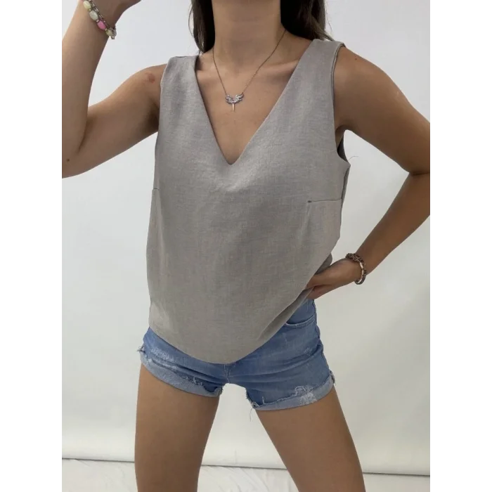 V Yaka Sıfır Kol  Keten Bluz    -Gri