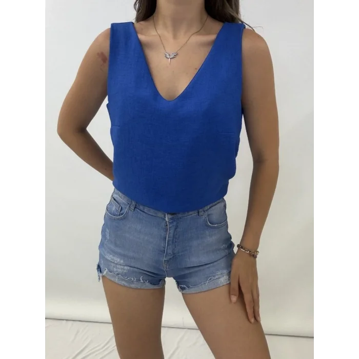 V Yaka Sıfır Kol  Keten Bluz  -Saks