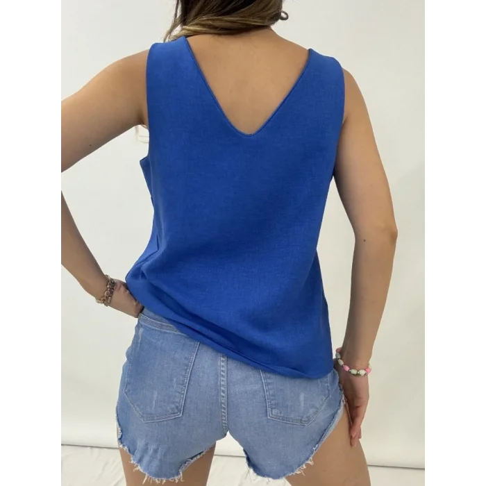 V Yaka Sıfır Kol  Keten Bluz  -Saks