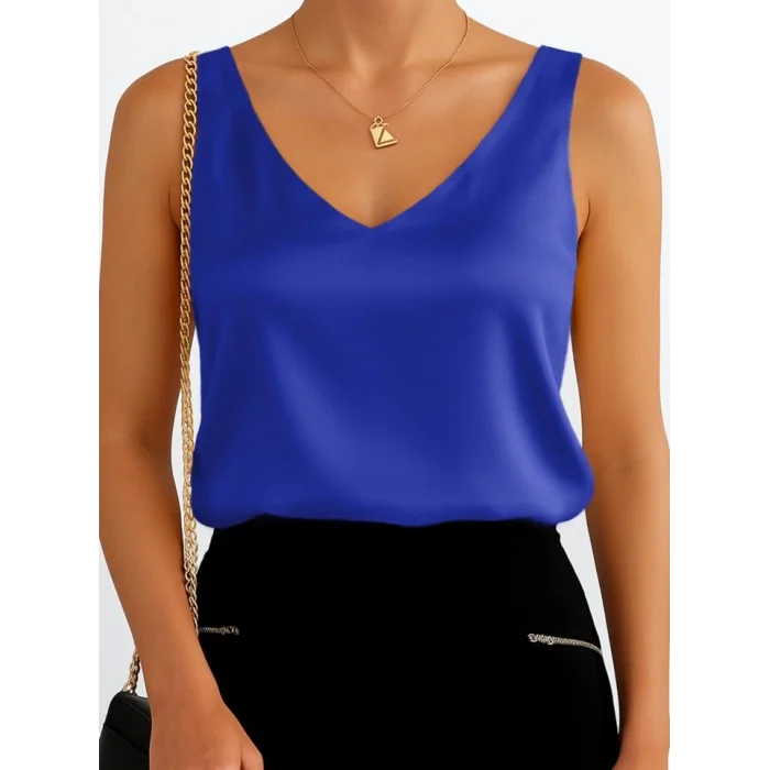 V Yaka Sıfır Kol Saten Bluz -Saks