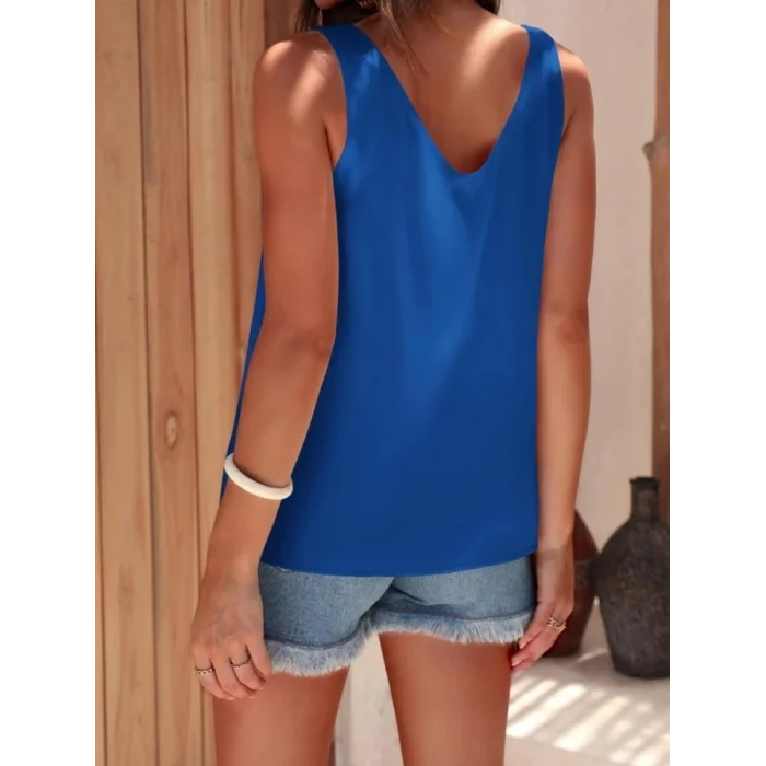 V Yaka Sıfır Kol Saten Bluz -Saks