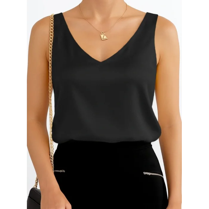 V Yaka Sıfır Kol Saten Bluz -Siyah