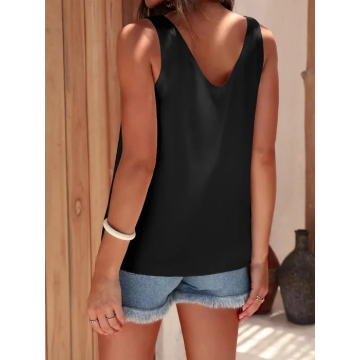 V Yaka Sıfır Kol Saten Bluz -Siyah