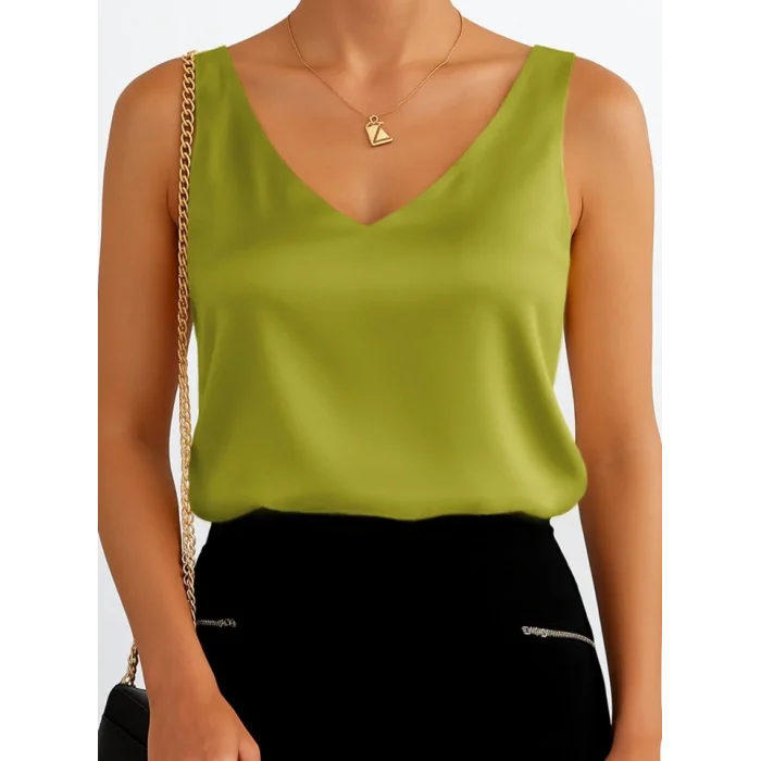 V Yaka Sıfır Kol Saten Bluz -Yağ Yeşili