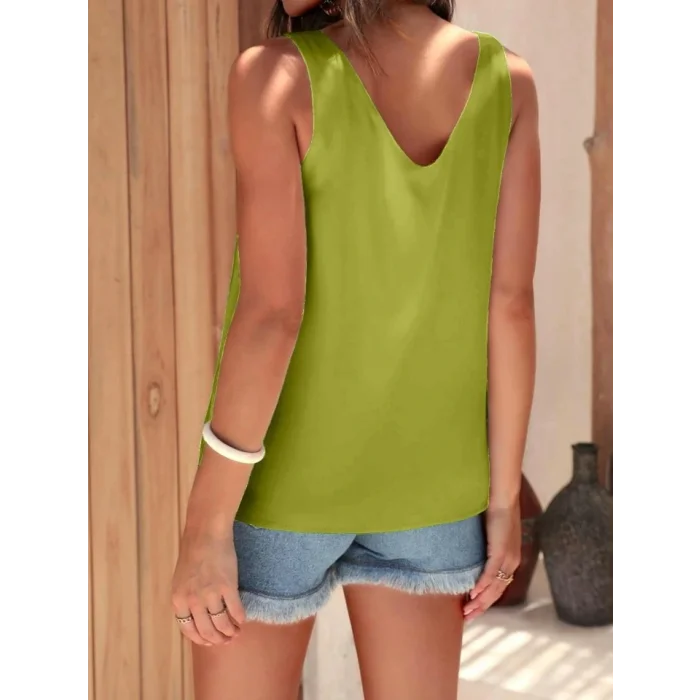 V Yaka Sıfır Kol Saten Bluz -Yağ Yeşili