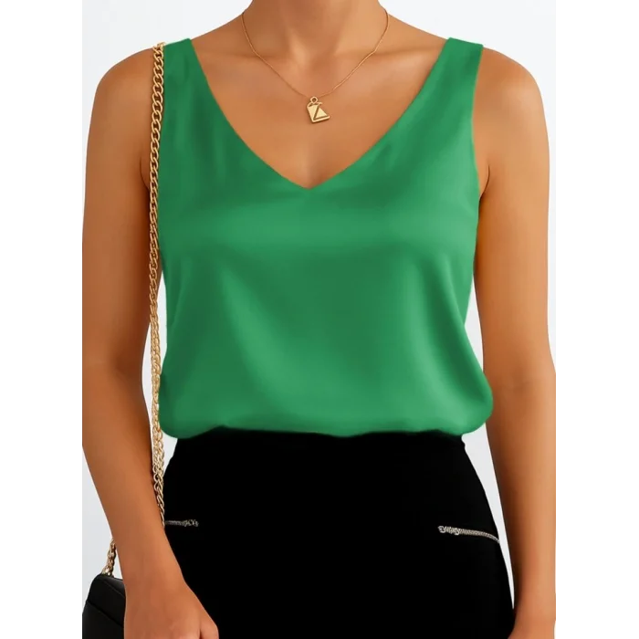 V Yaka Sıfır Kol Saten Bluz -Yeşil