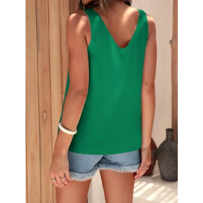 V Yaka Sıfır Kol Saten Bluz -Yeşil