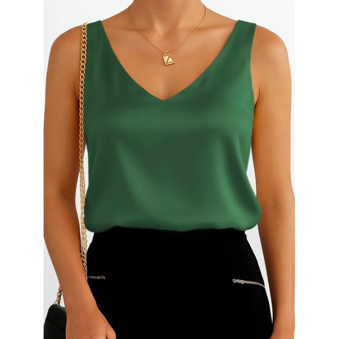 V Yaka Sıfır Kol Saten Bluz-Zümrüt
