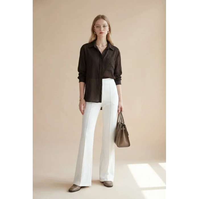 V Yaka Tek Cepli Tensel Yarı Transparan Çizgili Gömlek -K. Kahve