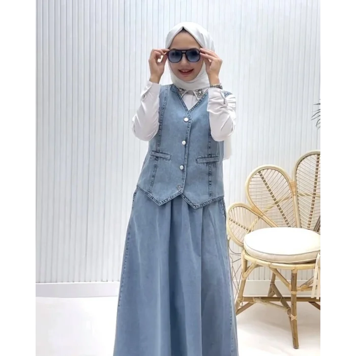 V Yaka Yelekli Etekli Kot Takım -Buz Mavi