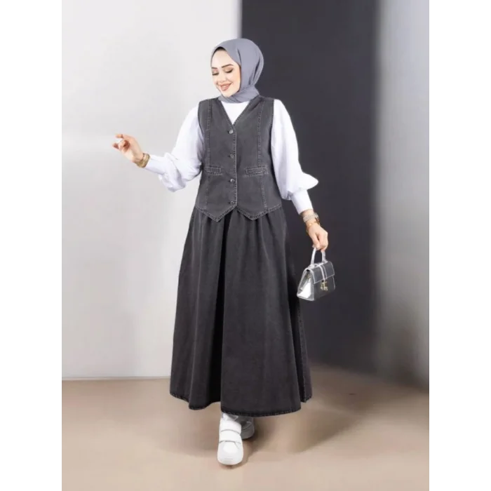 V Yaka Yelekli Etekli Kot Takım -Füme