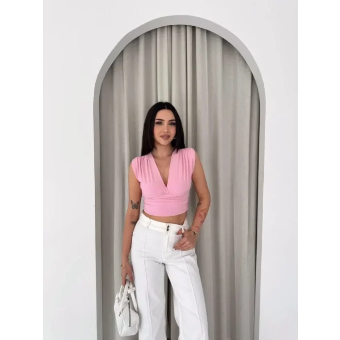 Vatkalı Kolsuz V Yaka Drapeli Crop Bluz Likralı Fit - Pembe