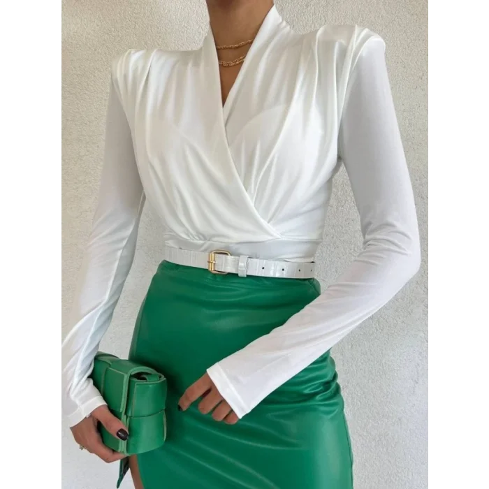 Vatkalı Kruvaze Model Sandy Bluz -Beyaz