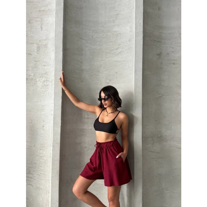 Volanlı keten şort bordo s255058