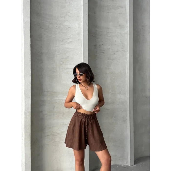 Volanlı keten şort kahve s255058