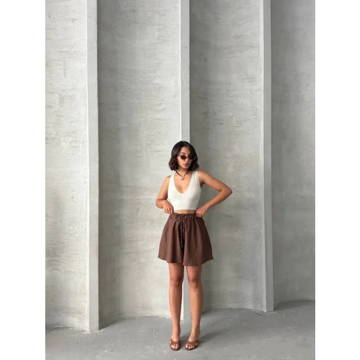 Volanlı keten şort kahve s255058