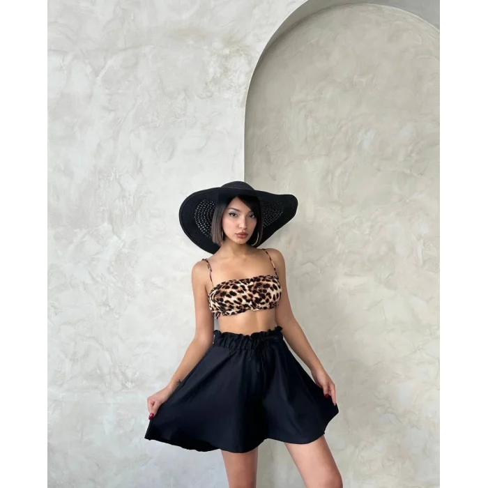 Volanlı keten şort siyah s255058