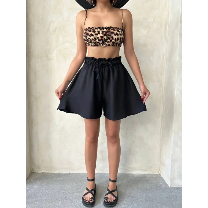 Volanlı keten şort siyah s255058