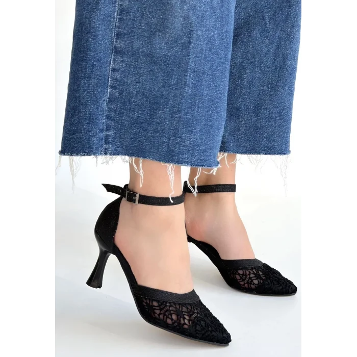 Weja Siyah Cilt Tül Detaylı Simli Topuklu Ayakkabı