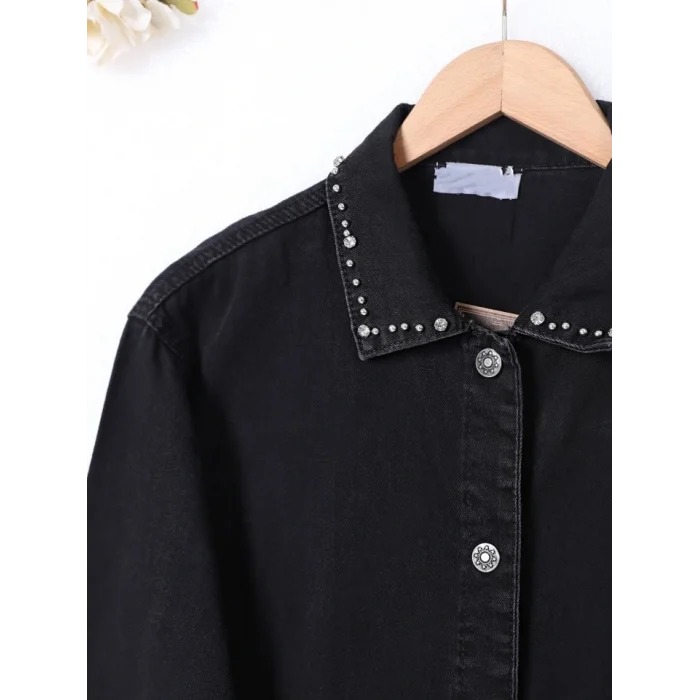 Yaka Ve Ceplerinde Taş İşlemel Kot Ceket -Siyah