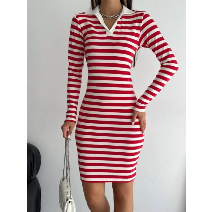 Yakalı Çizgili Uzun Kol Elbise -Kırmızı
