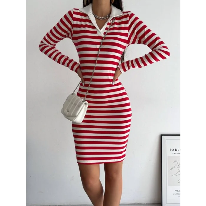 Yakalı Çizgili Uzun Kol Elbise -Kırmızı
