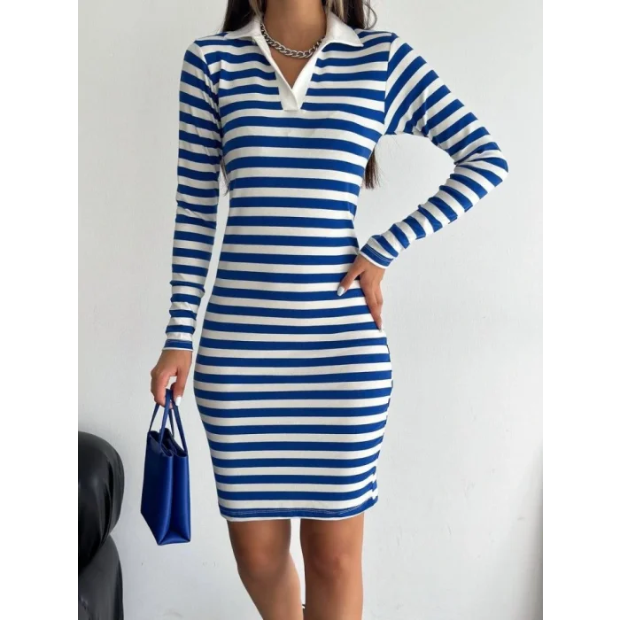 Yakalı Çizgili Uzun Kol Elbise -Mavi