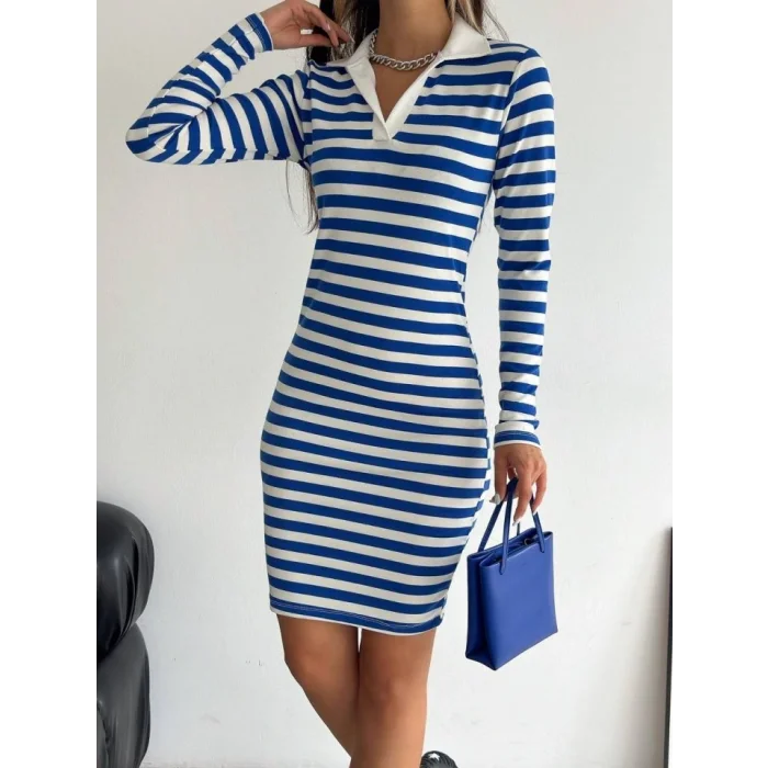 Yakalı Çizgili Uzun Kol Elbise -Mavi