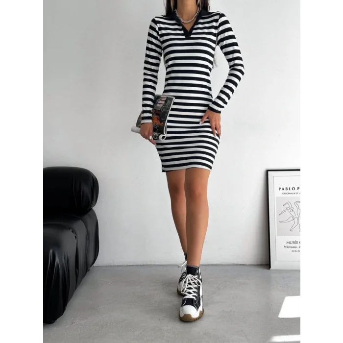 Yakalı Çizgili Uzun Kol Elbise -Siyah