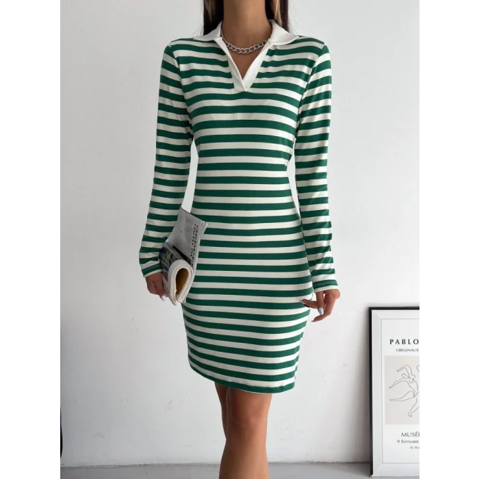 Yakalı Çizgili Uzun Kol Elbise -Yeşil