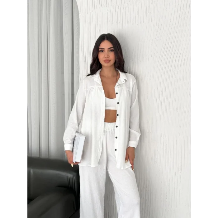 Yakalı Düğmeli Uzun Kollu Gömlek Pantolon Ikili Takım - Beyaz