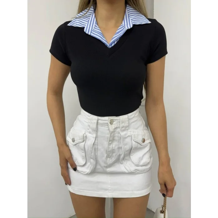 Yakalı Ottoman Yakalı Bluz -Siyah