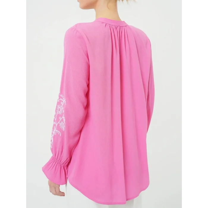Yakası Bağlamalı Kolu Nakışlı Lastikli Gömlek -Pembe
