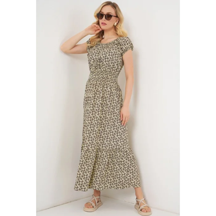 Yakası Büzgü Detaylı Elbise 2544 - Yağ Yeşil