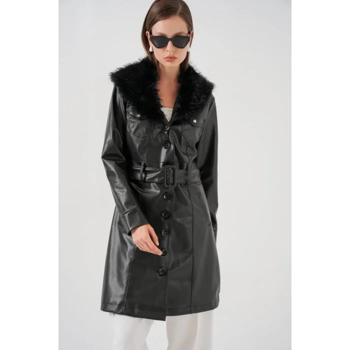 Yakası Kürklü Deri Kaban 1048 - Siyah