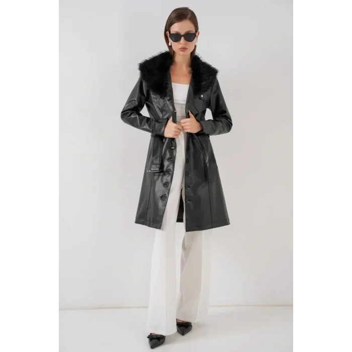 Yakası Kürklü Deri Kaban 1048 - Siyah