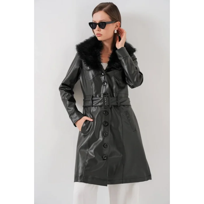 Yakası Kürklü Deri Kaban 1048 - Siyah