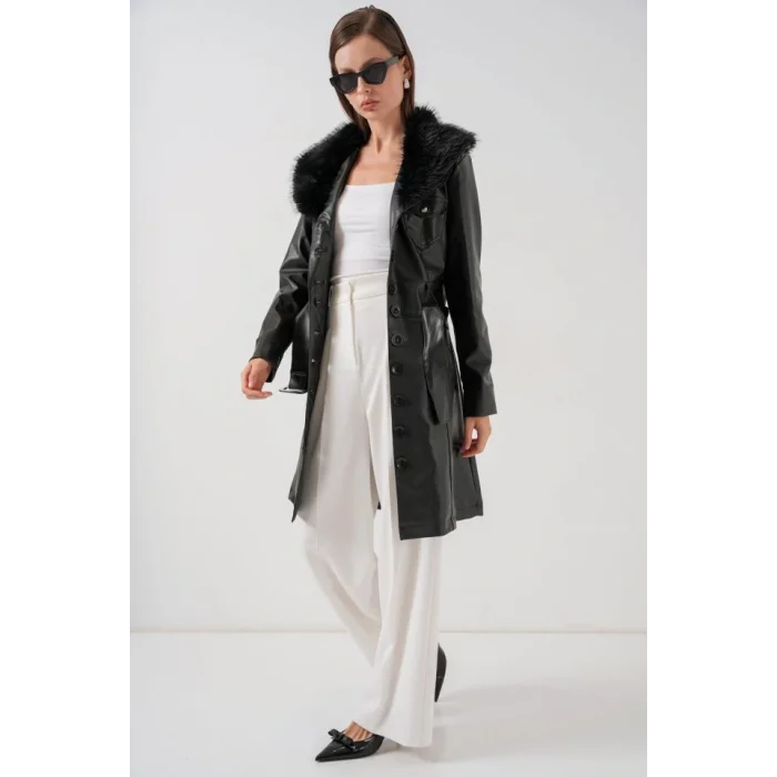 Yakası Kürklü Deri Kaban 1048 - Siyah