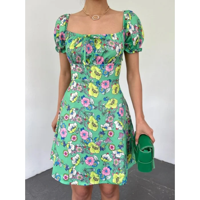 Yakası Lastikli Bağcık Detaylı Mini Elbise -A.Yeşil