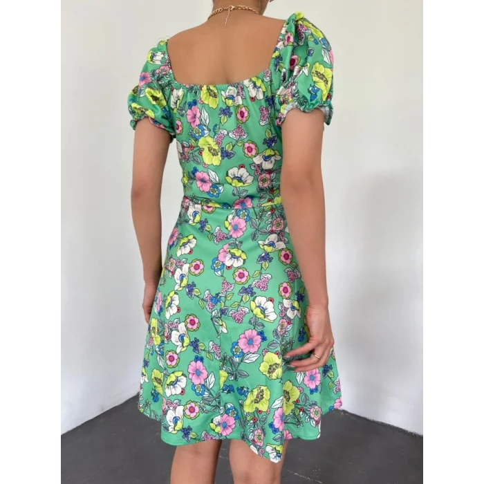 Yakası Lastikli Bağcık Detaylı Mini Elbise -A.Yeşil