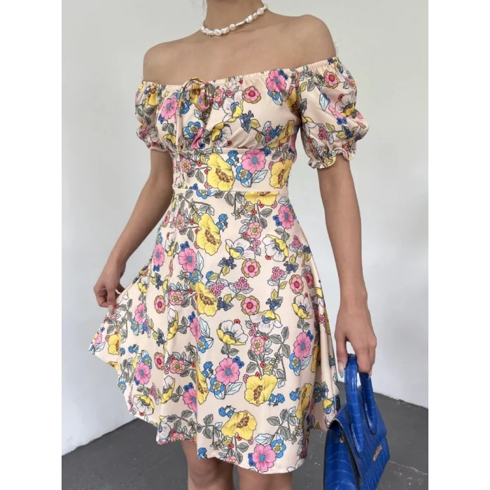 Yakası Lastikli Bağcık Detaylı Mini Elbise -Bej