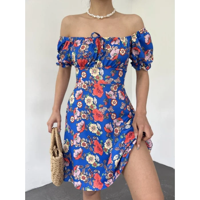 Yakası Lastikli Bağcık Detaylı Mini Elbise -Saks