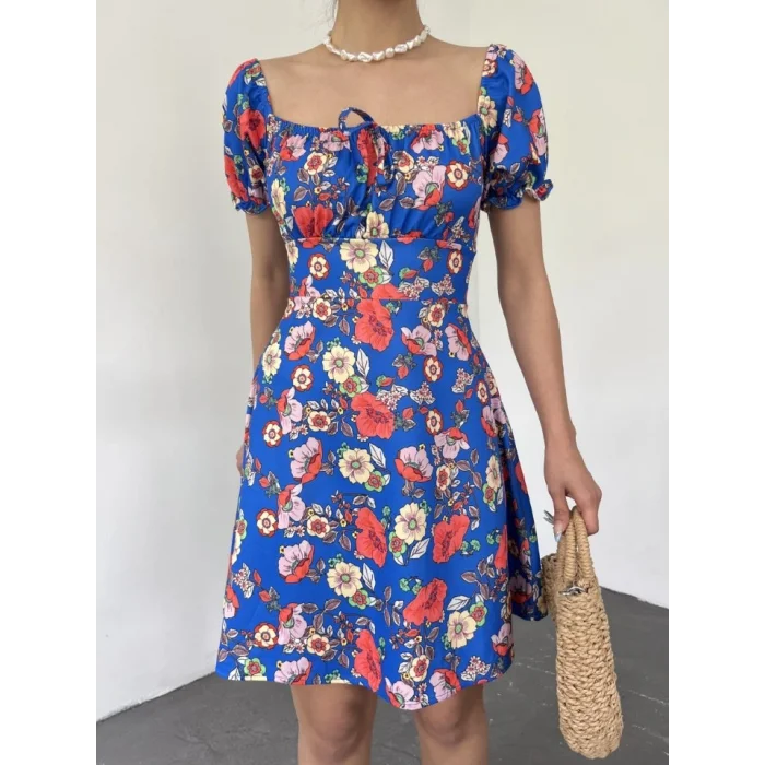 Yakası Lastikli Bağcık Detaylı Mini Elbise -Saks