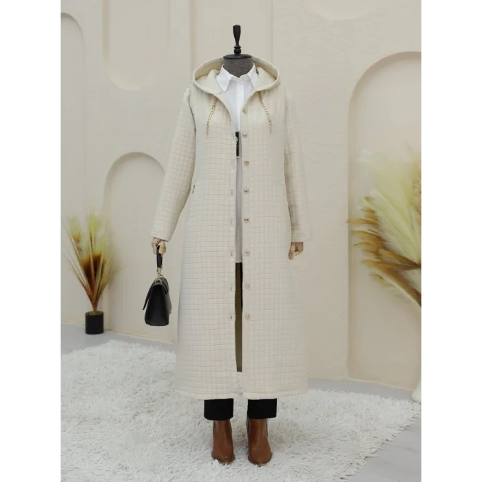 Yakası Zincir Detaylı Uzun Kapitone Kaban -Taş