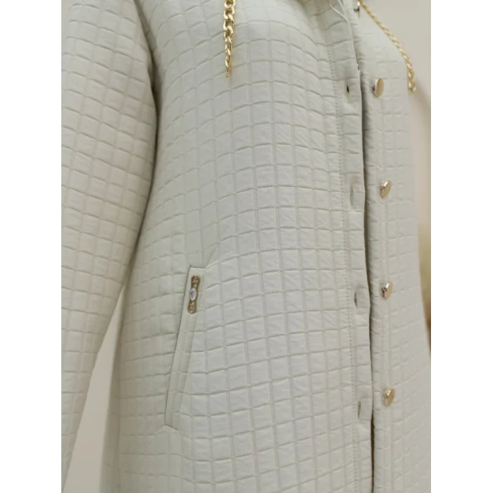 Yakası Zincir Detaylı Uzun Kapitone Kaban -Taş