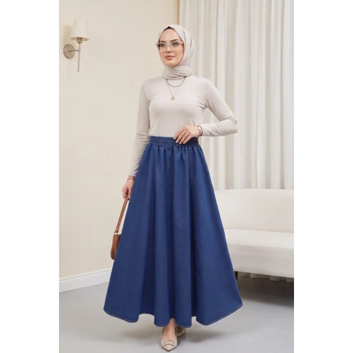 Yan Cepli Beli Lastikli Kot Etek  -İndigo