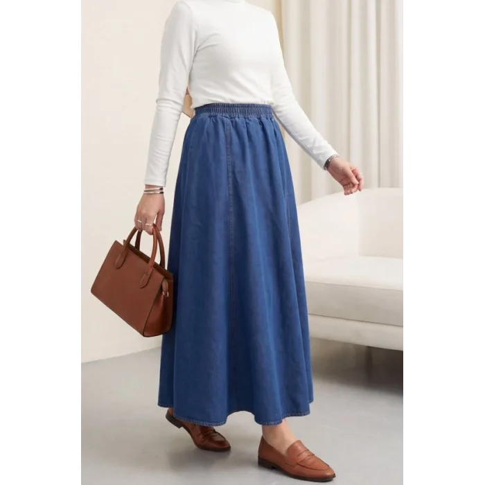 Yan Cepli Beli Lastikli Kot Etek  -İndigo