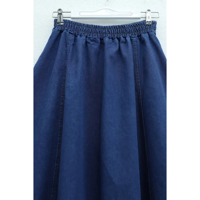 Yan Cepli Beli Lastikli Kot Etek  -İndigo